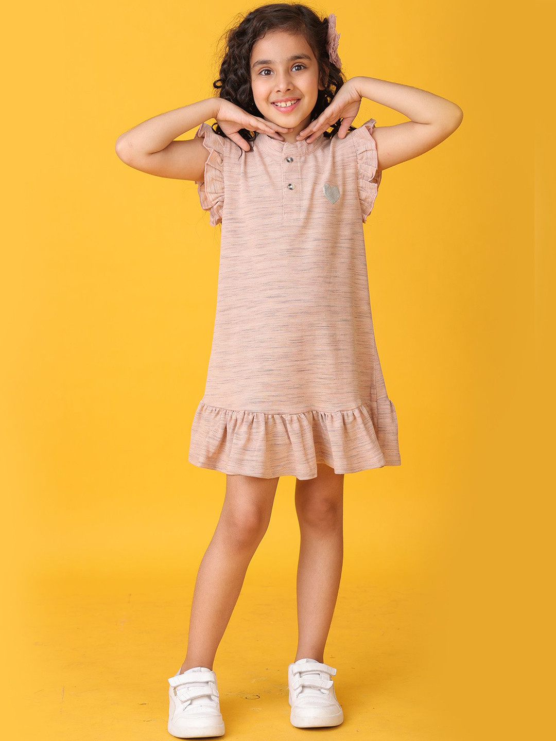 Anthrilo Girls Pink Melange Silver Heart Frill Dress