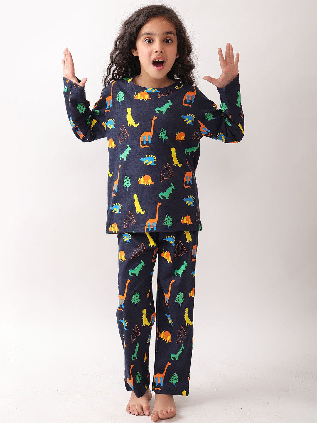 Anthrilo Pure Cotton Dinosaur Fun Navy Girls Long Sleeves Pure Cotton Pyjama Set Navy