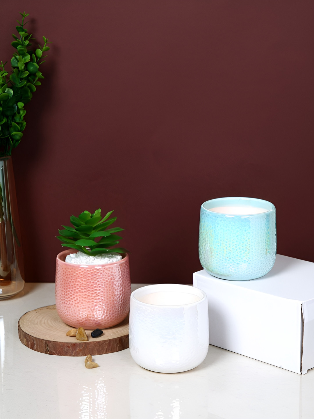 TAYHAA Iridescent Pearl White & Blue 3 Pieces Textured Ceramic Flower Planters