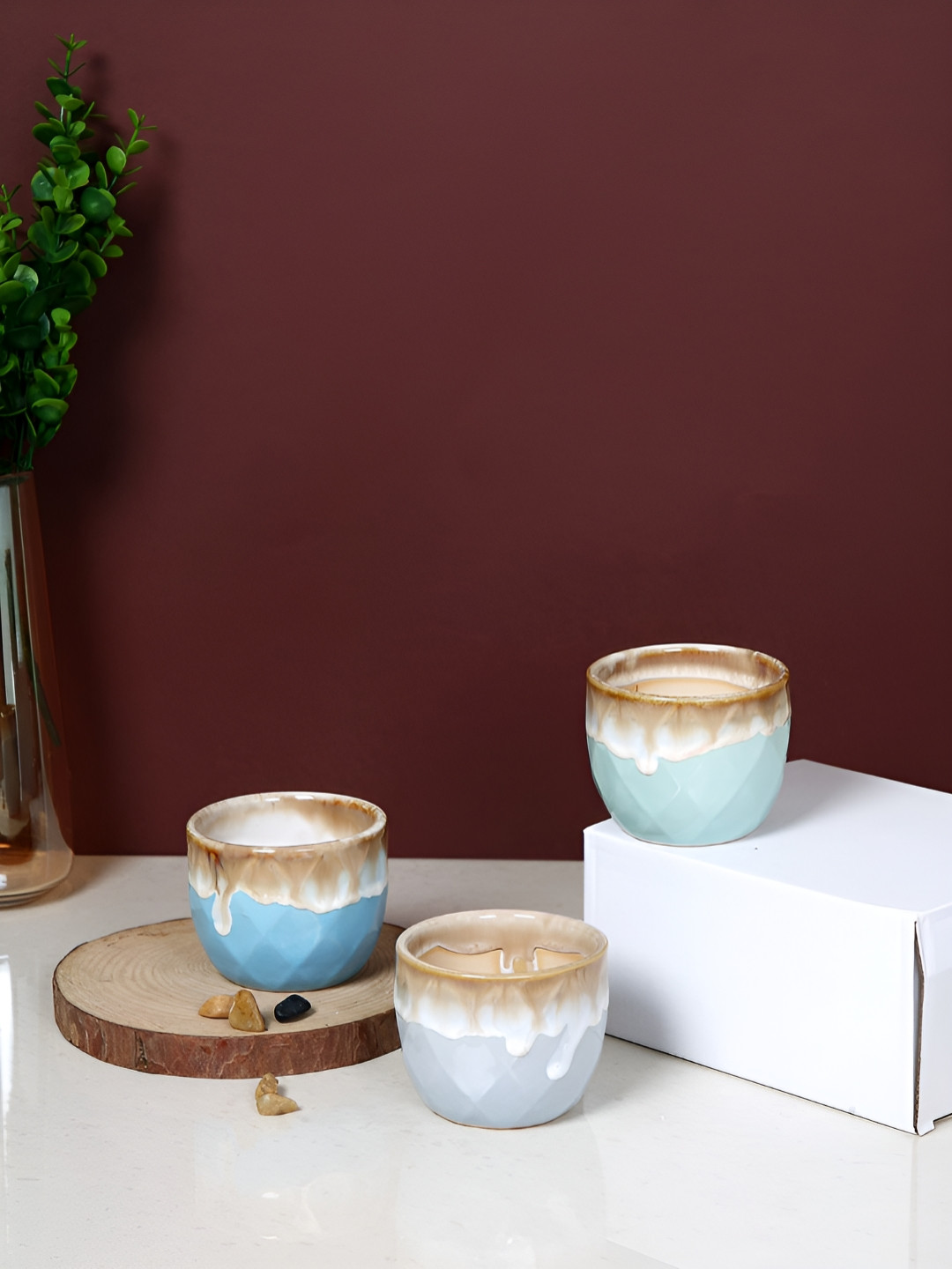 TAYHAA Glazed Elegance Grey & Blue 3 Pieces Geometric Ceramic Flower Planters