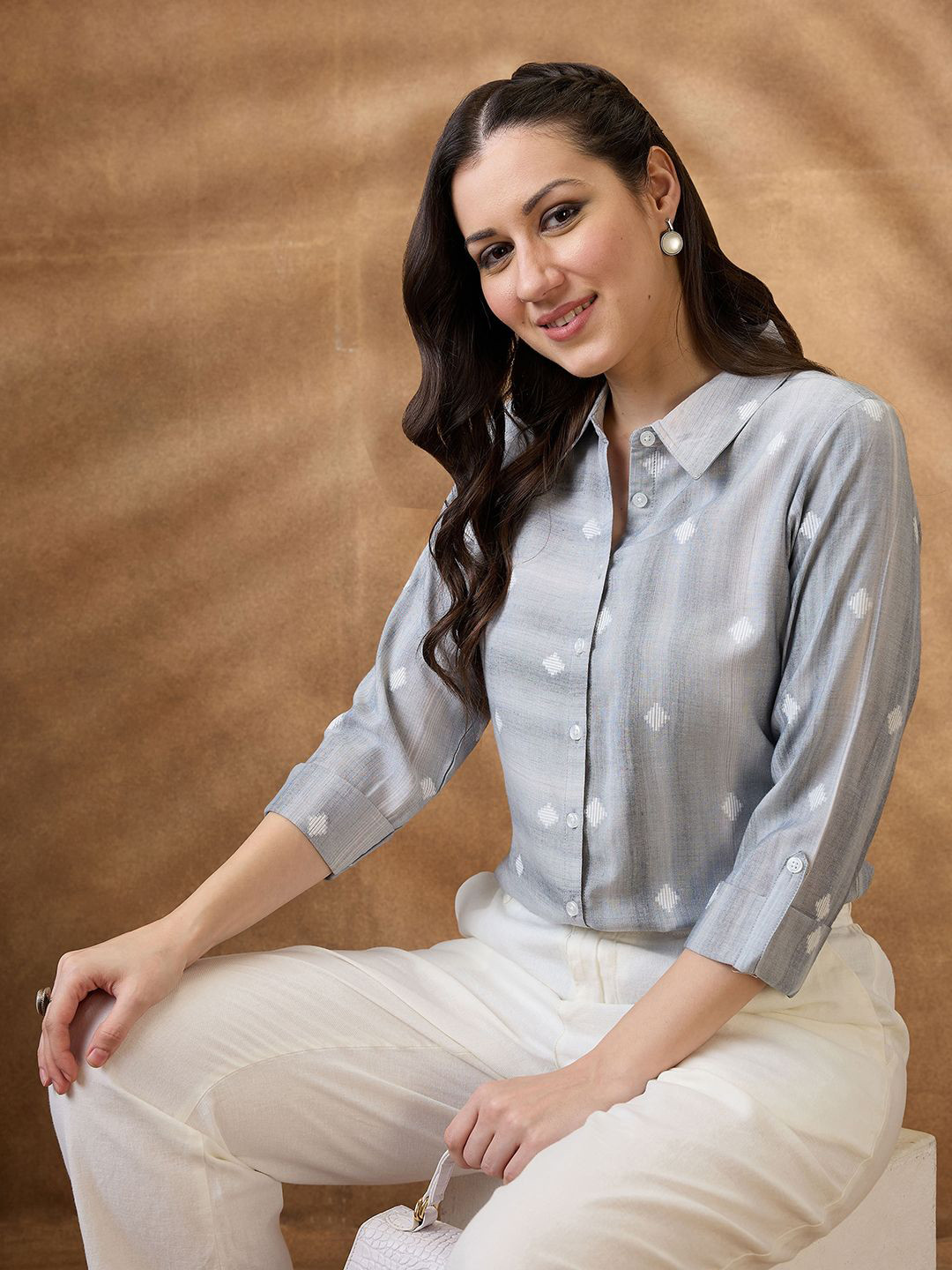 Globus Collar Neck Roll-Up Sleeves Geometric Woven Design Workwear Shirt Style Tunic