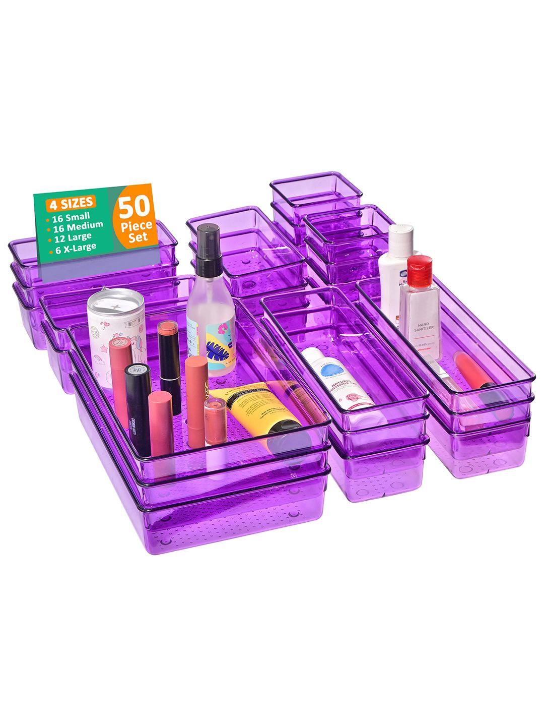 Kuber Industries 50 Pcs Purple Transparent Cosmetic Vanity Makeup Drawer Organisers