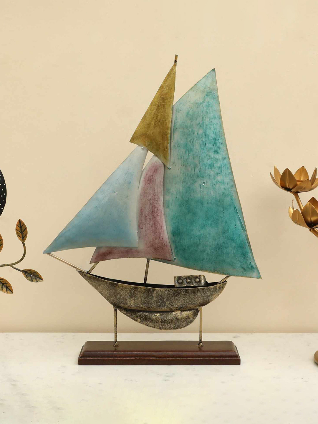 vedas F-Mason Sailing Boat Gold Metal Metallic Living Room Medium Showpiece - 22.8 Inches