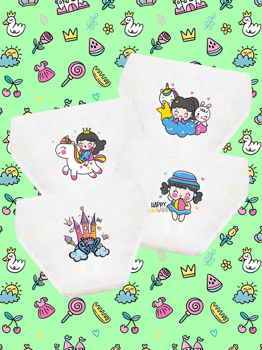 NUSYL Girls Pack Of 4 Unicorn Stars & Castle Printed Cotton Briefs