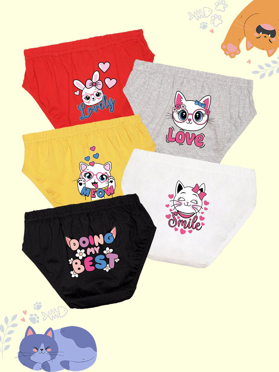 NUSYL Girls Pack Of 5 Furry Friends Printed Pure Cotton Basic BriefsNUGCBRFPO5.0005