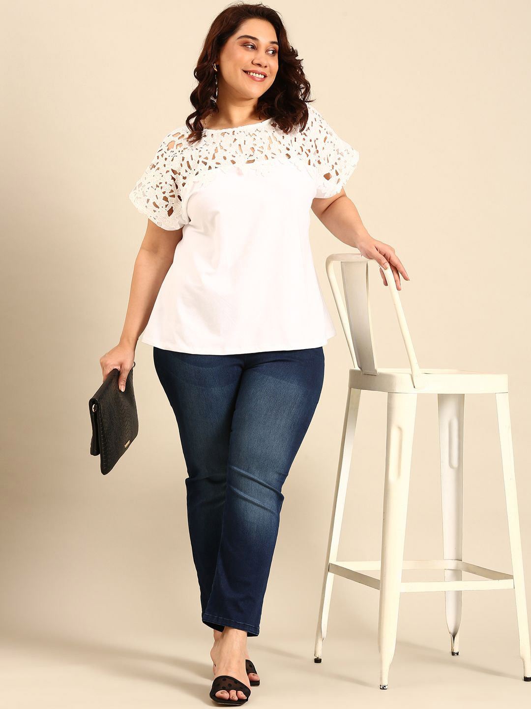 The Pink Moon Women White Lace Yoke Top