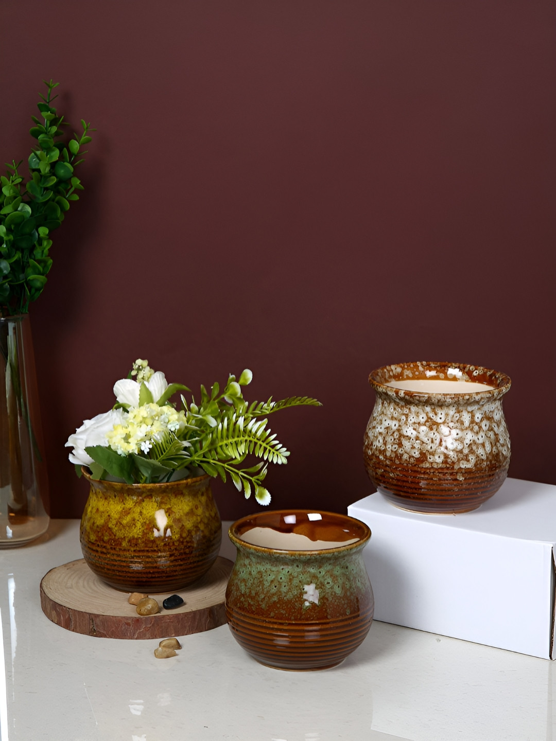 TAYHAA Brown & White 3 Pieces Glaze Printed Ceramic Planters