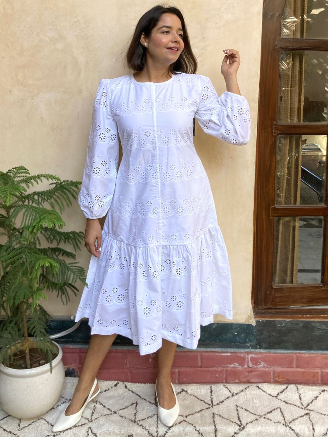 Label Tanvee Women Round Neck Puff Sleeve Schiffli A-Line Midi Dress