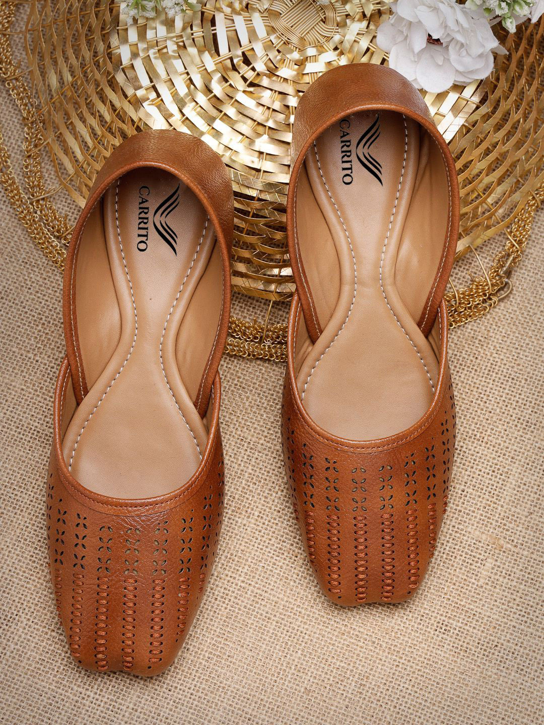 carrito Women Square Toe Laser Cuts Slip-On Mojaris
