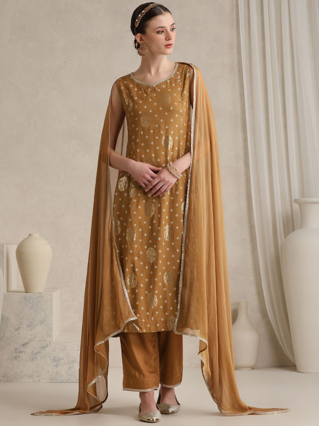 Khushal K Floral Embroidered Panelled Anarkali Kurta With Trouser & Dupatta