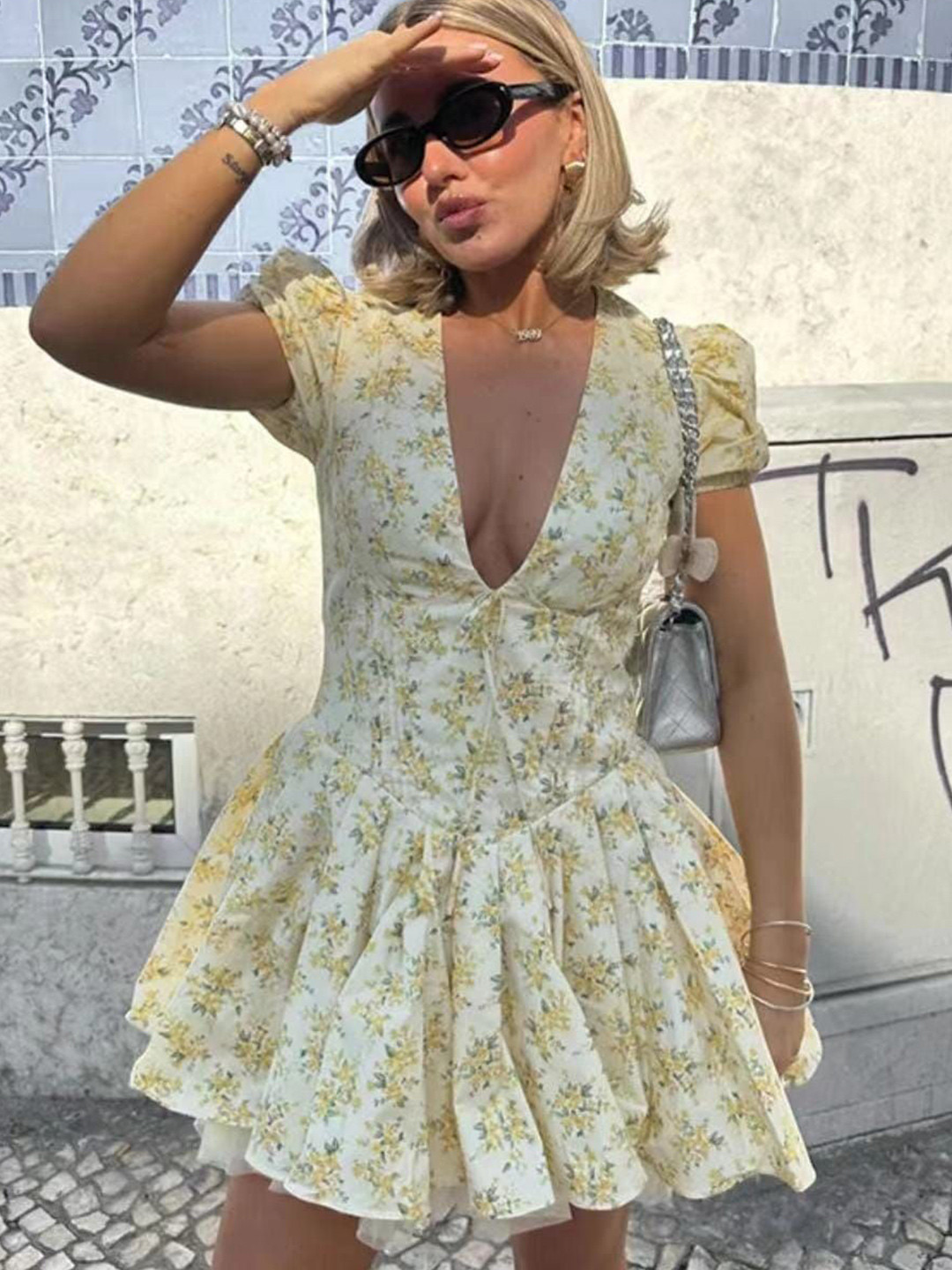 Miss Mosa By Akanksha  Women Plunge Neck Puff Sleeves Vironica Floral Summer Dress