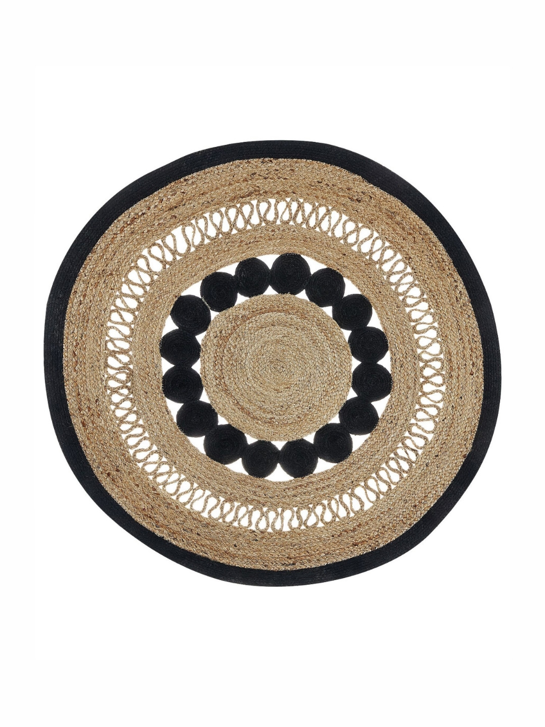 Art Avenue Ajman Beige & Black Textured Round Floor Jute Carpet