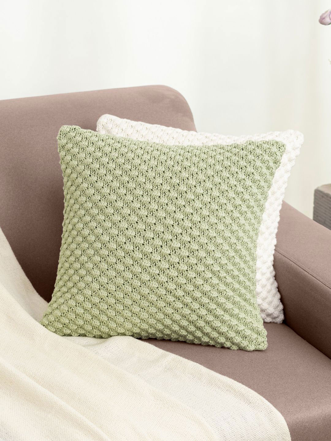haus & kinder Green Self Design Cotton 2 Piece Textured Square Cushion Covers -16x16In