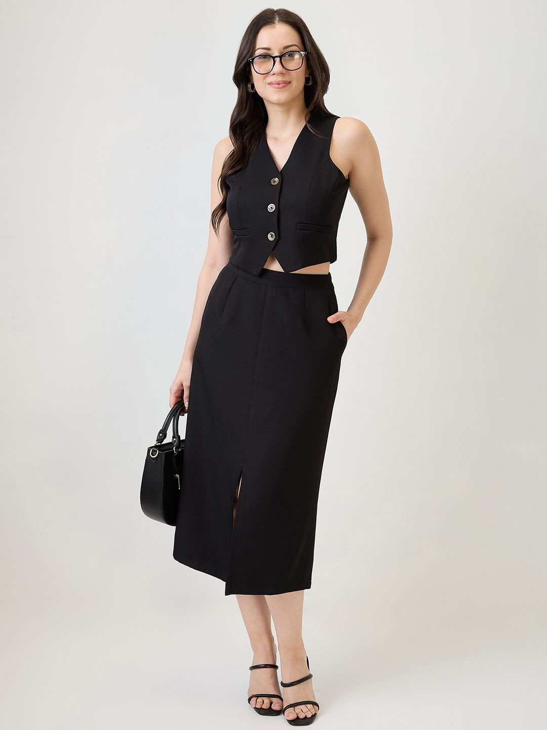 Globus V-Neck Solid Cropped Waistcoat With Front Slit Midi Skirt Workwear Co-Ord Set