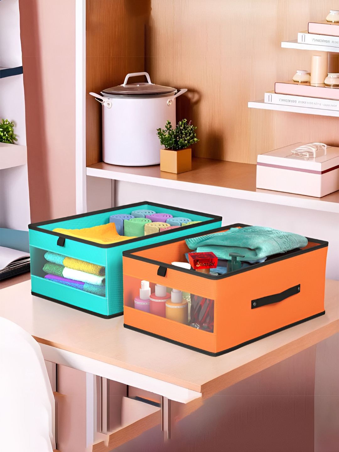 Aura Green & Orange 2 Pieces Storage Box Foldable Wardrobe Organiser