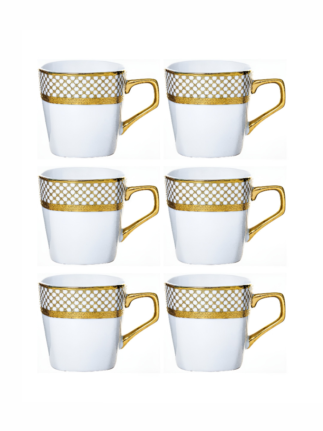 Roxx Sukoon White Checkered Porcelain Handmade 6 Piece Mugs-230ml