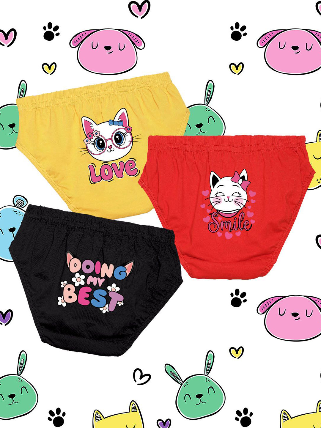 NUSYL Girls Pack Of 3 Cat Face & Text Printed Pure Cotton Basic Briefs
