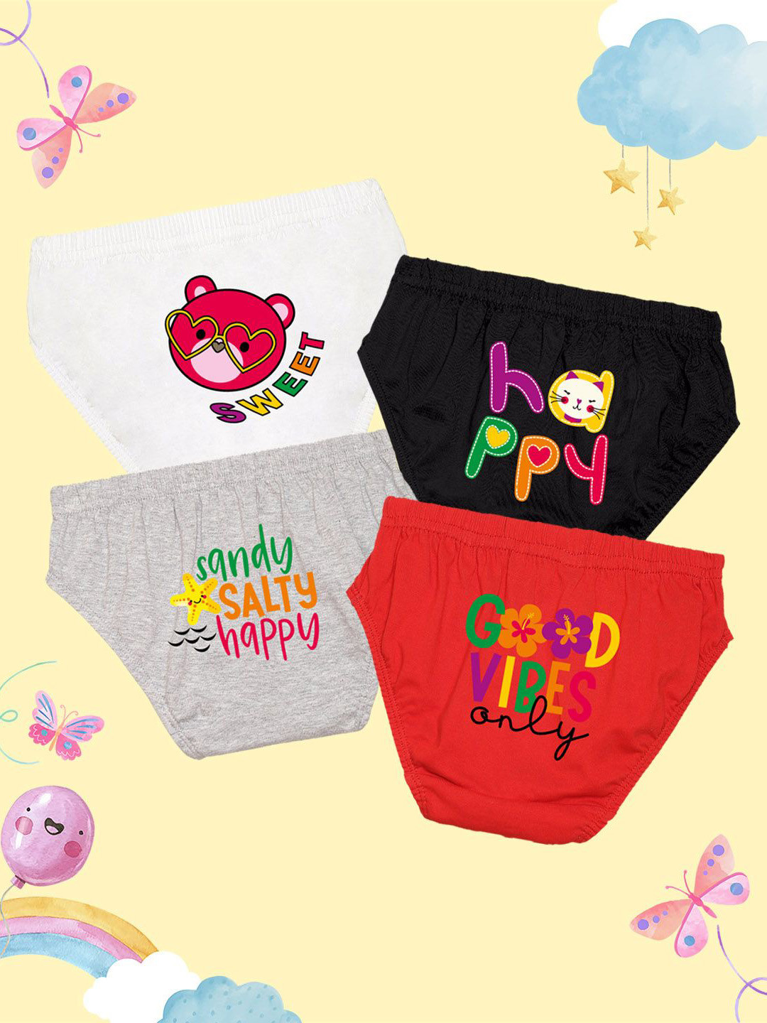 NUSYL Girls Pack Of 4 Bunny & Kitty Printed Pure Cotton Basic Briefs