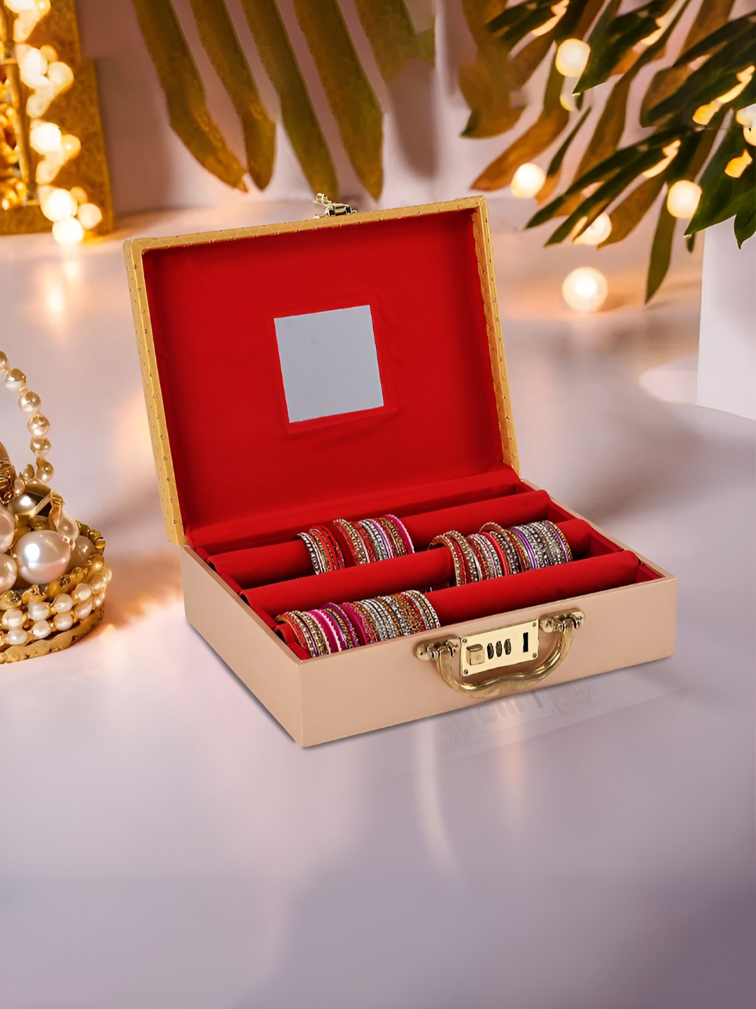 Aura Gold-Toned & Red Leather 3 Rod Bangle Box Jewellery Organiser