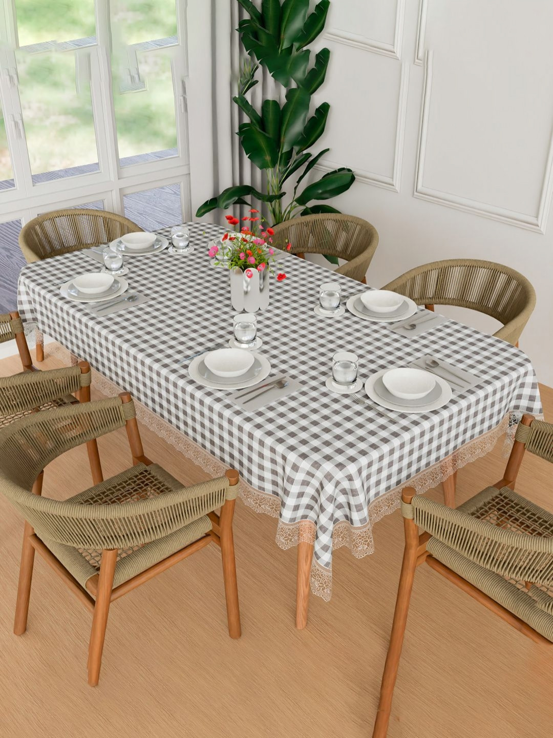 Myntra Elegant Homes Brown Mota Check Waterproof 6-Seater 1.52 m x 2.3 m PVC Table Cover