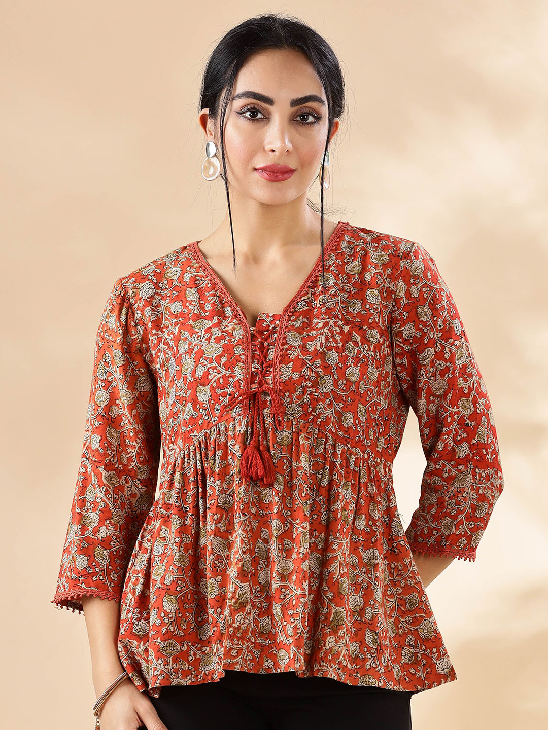 Taavi Women Printed A-Line Kalamkari Short Kurtis