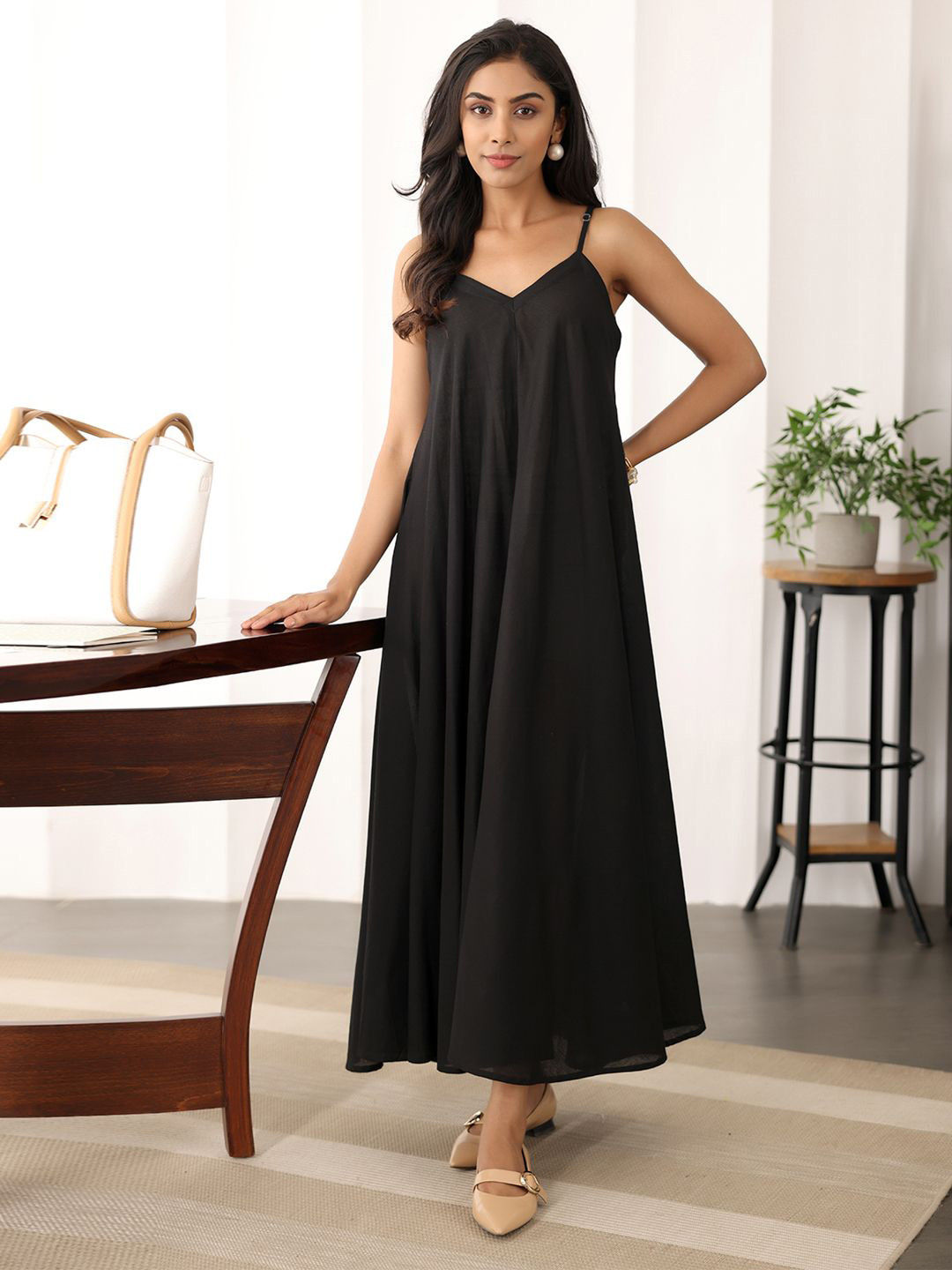 Ambraee Women Black Strappy Cotton Maxi Dress