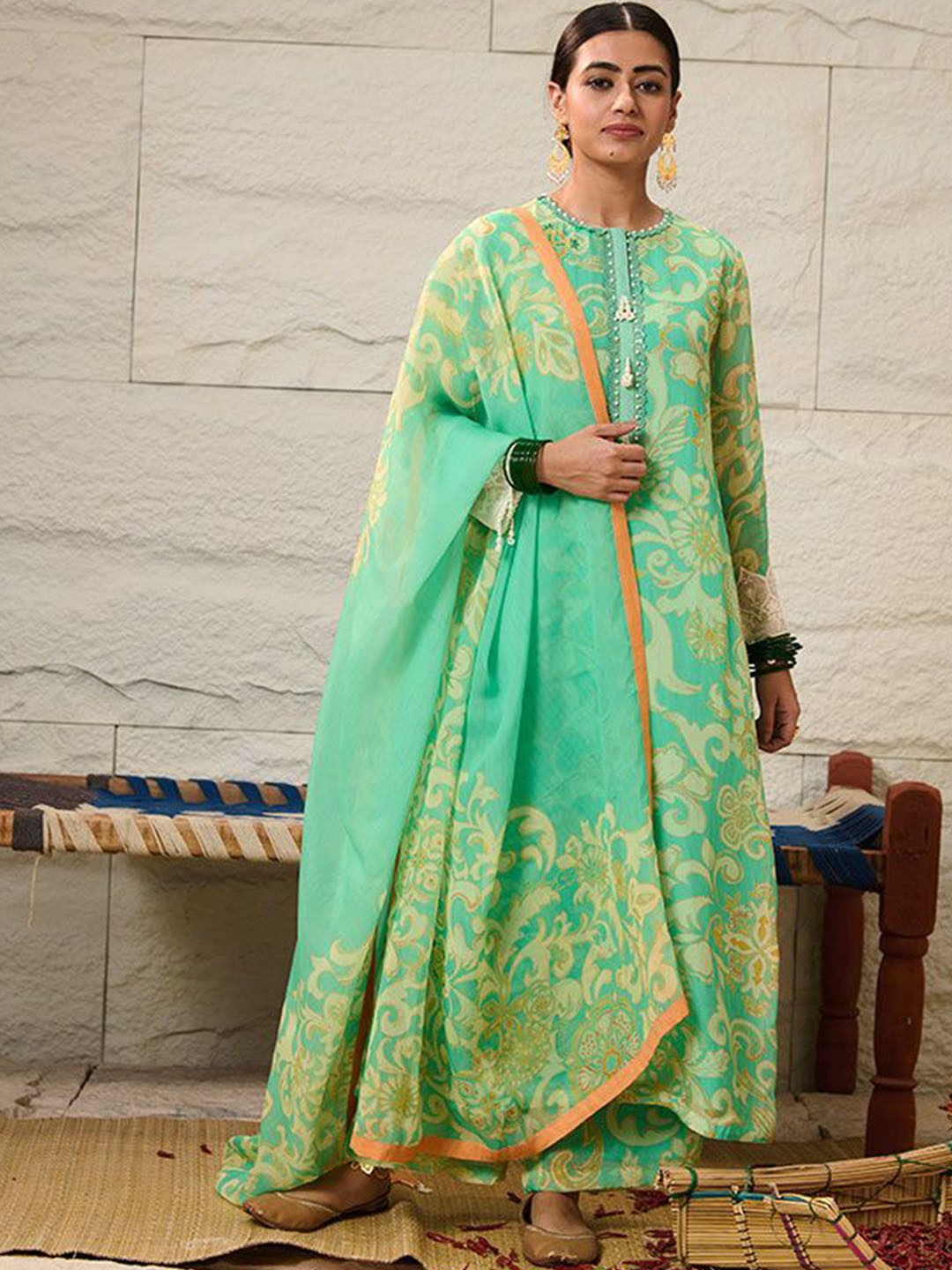 SAUNDH Nira Floral Printed Beads and Stones Straight Kurta With Palazzo And Dupatta