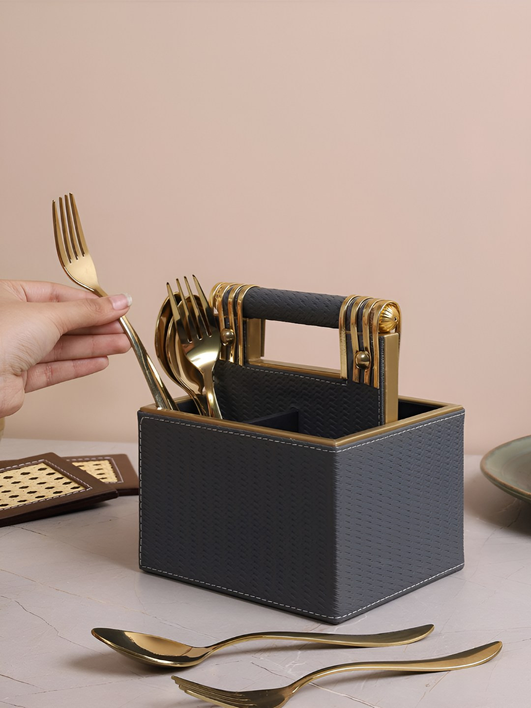HOME 360 Grey Leather Cutlery Holder