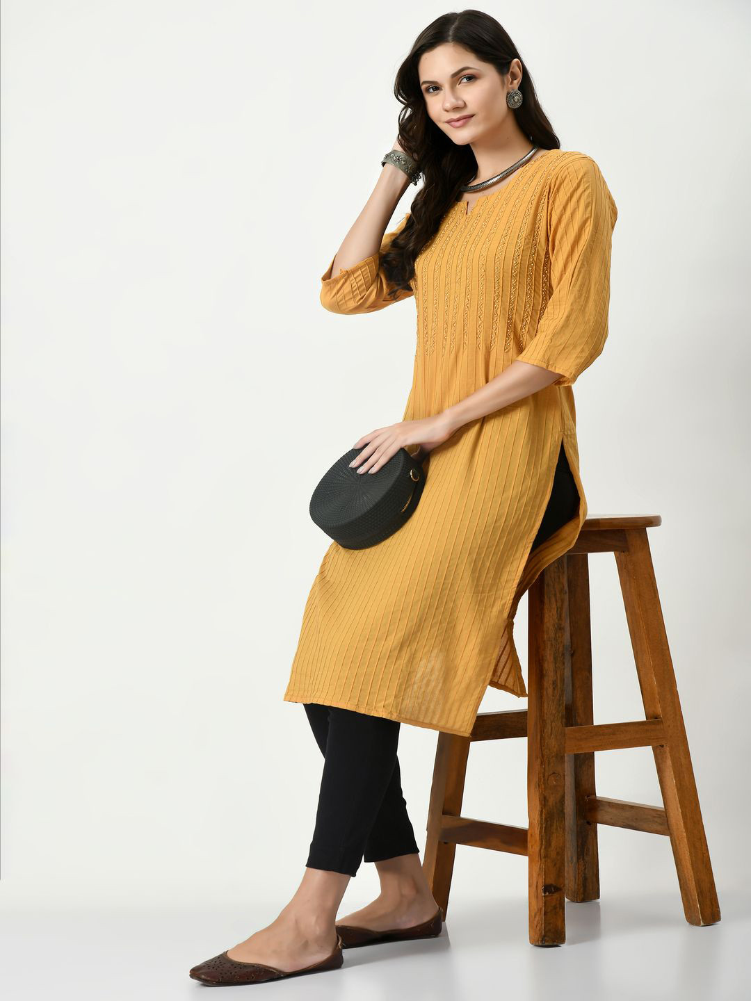 MAURYA Beads & Stones Pin Tucks Notch Neck Pure Cotton Straight Kurta