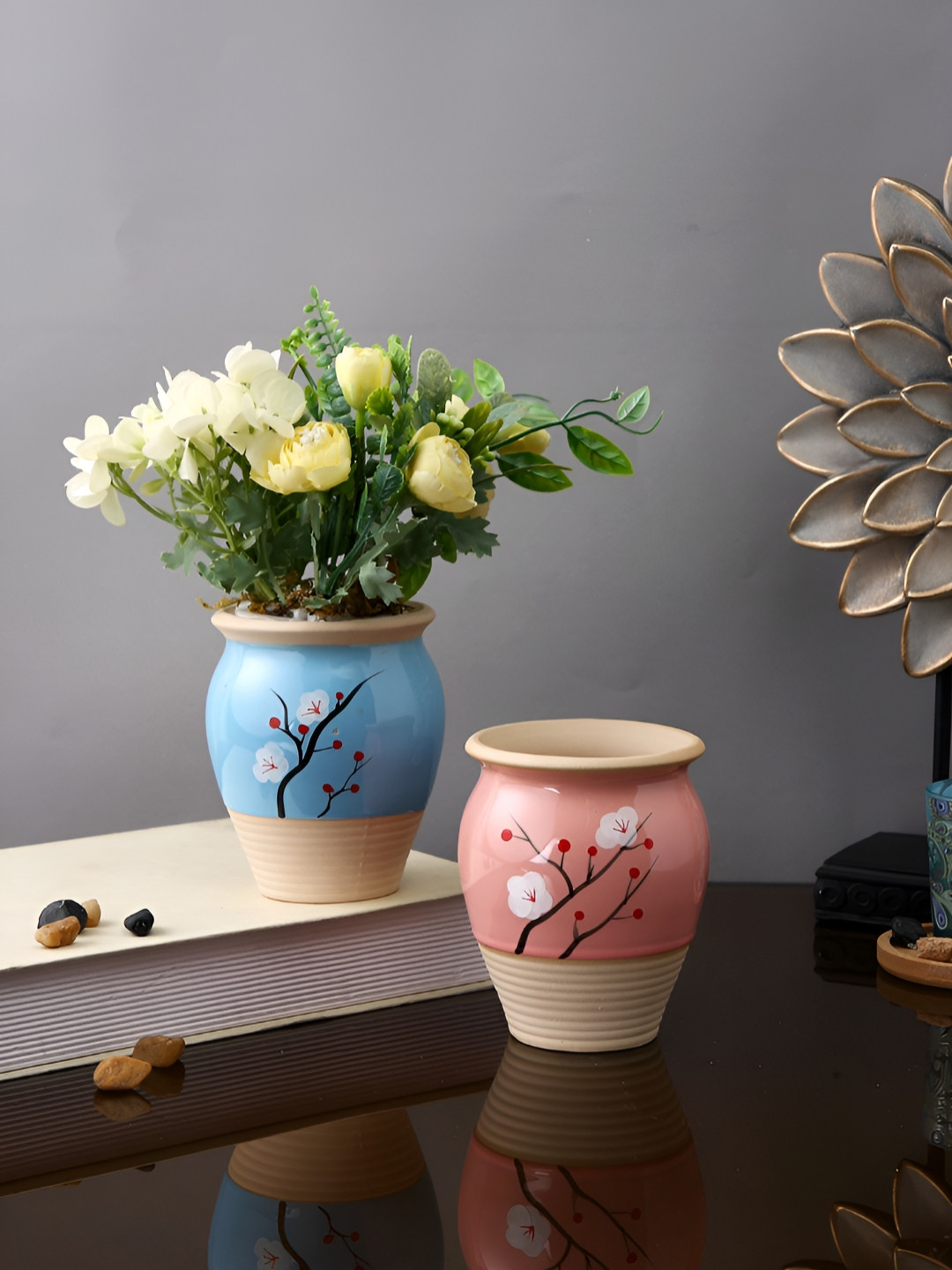 TAYHAA Peach-Coloured & Blue 2 Pieces Blossom Harmony Ceramic Planters