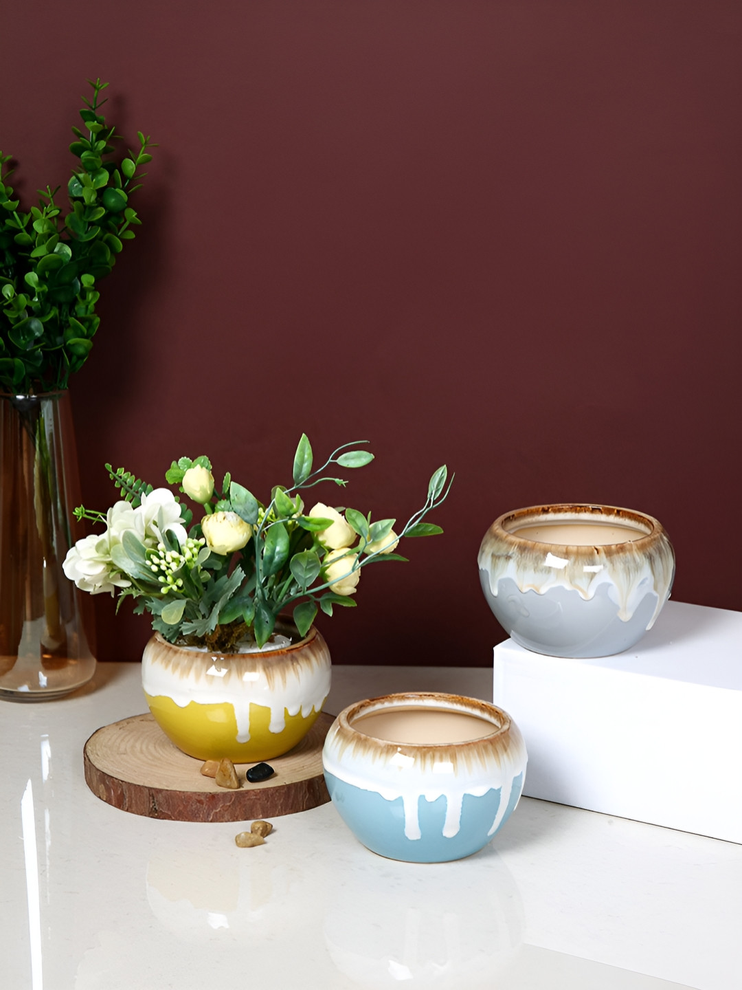 TAYHAA Grey & Blue 3 Pieces Drizzle Glow Printed Ceramic Flower Planters