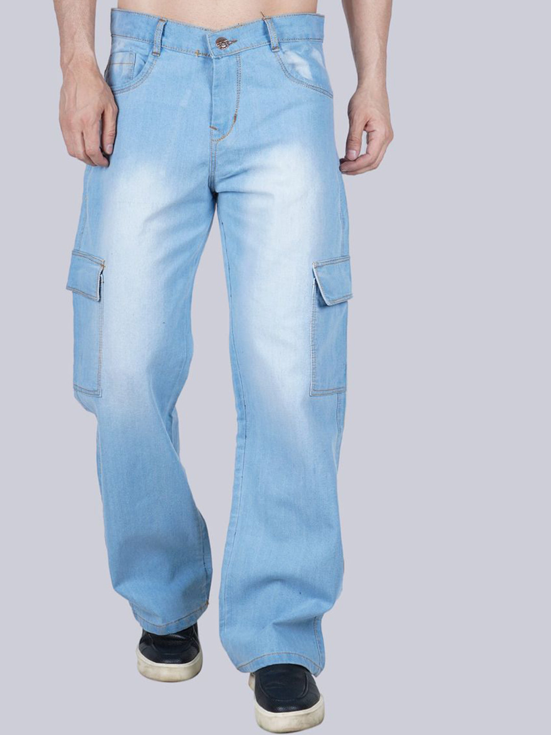 LINARIA Men Cotton Classic Boyfriend Fit Low-Rise Heavy Fade Cargo Styles Jeans
