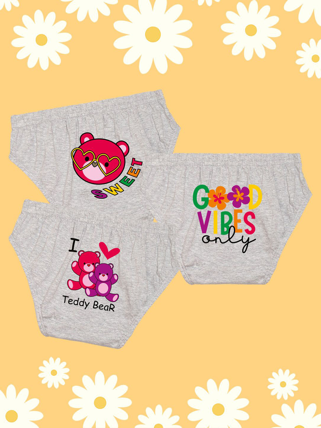 NUSYL Girls Pack Of 3 Teddy Printed Pure Cotton Basic Briefs