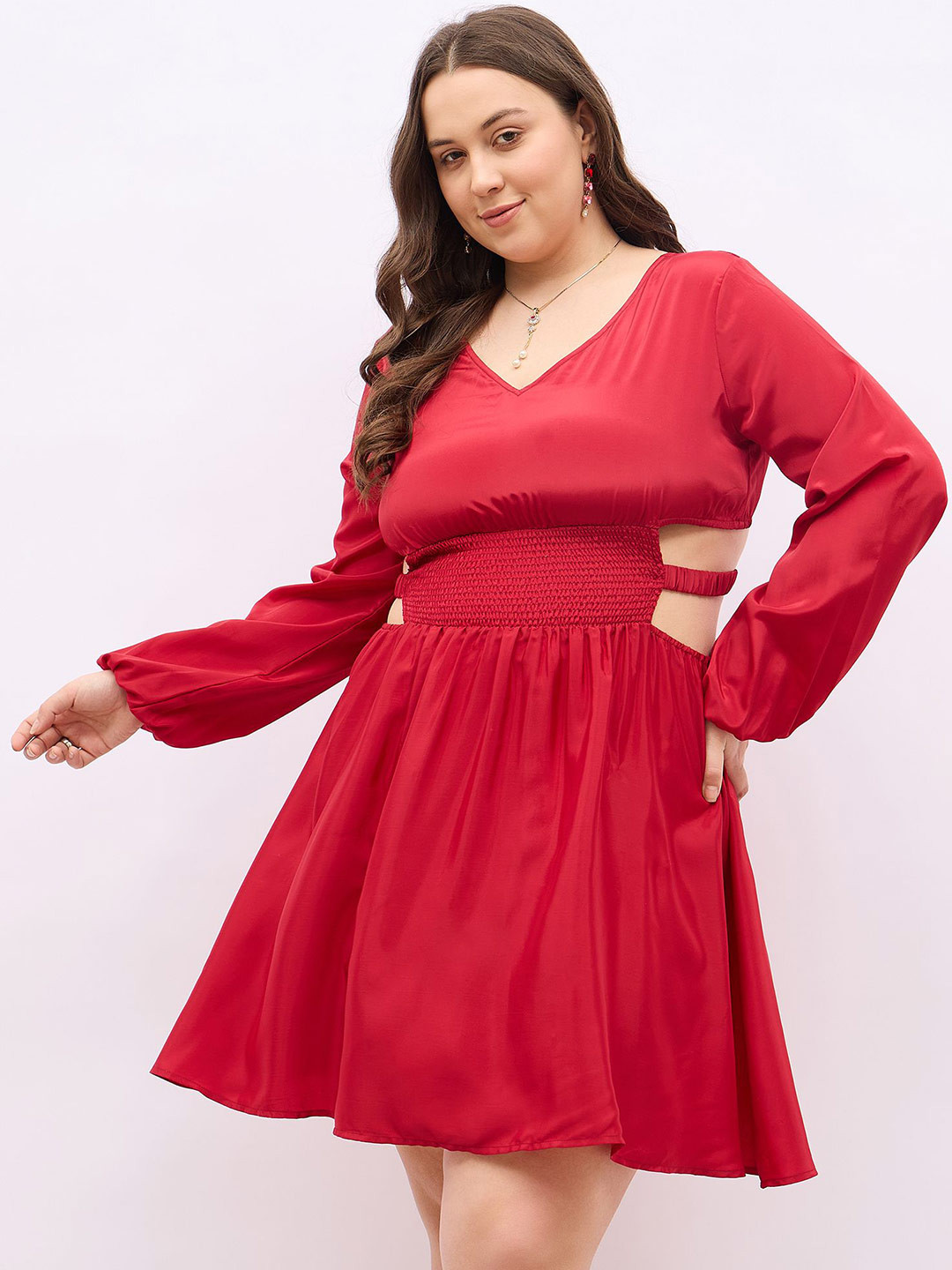 Berrylush Curve Women Bishop Sleeve Fit and Flare  Mini Dress Plus Size