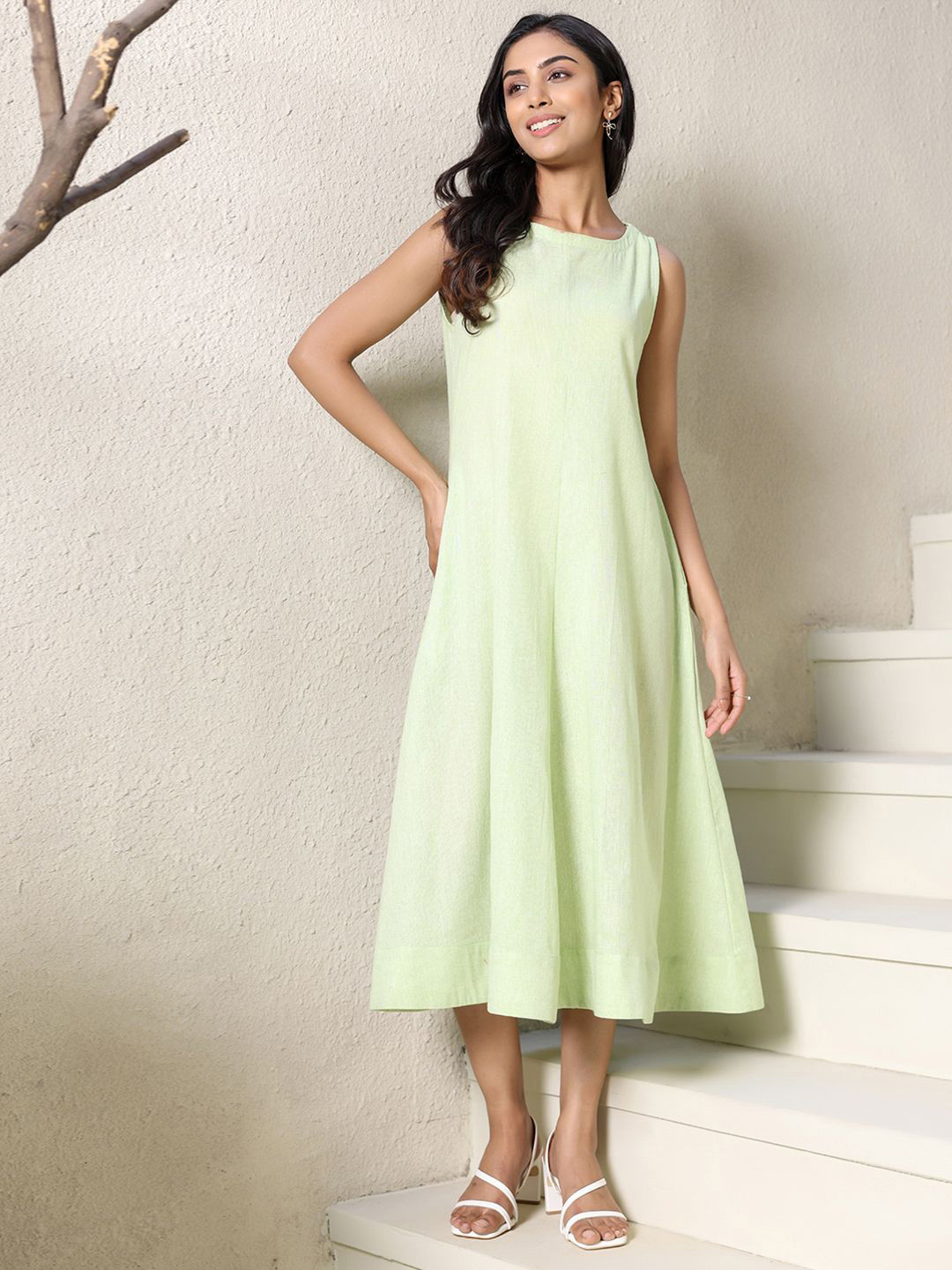 Ambraee Women A-line Mint Cotton Midi Dress