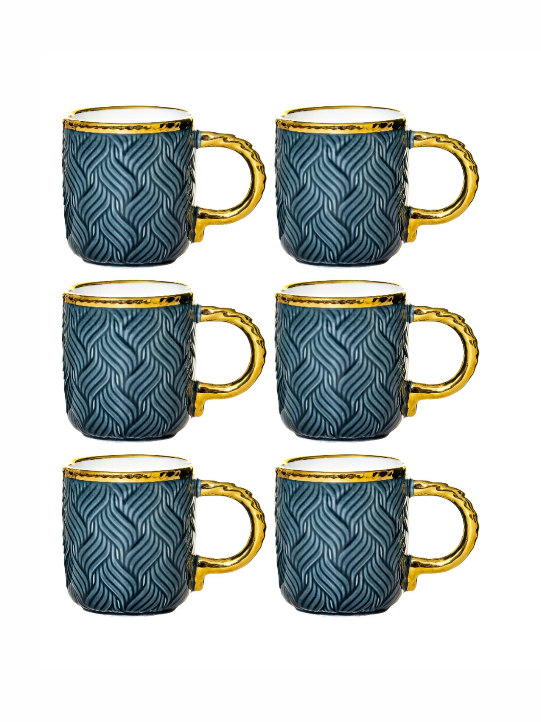 Roxx Black & Blue Printed 6 Pieces Dishwasher Safe Porcelain Glossy Finish Mugs 180ml