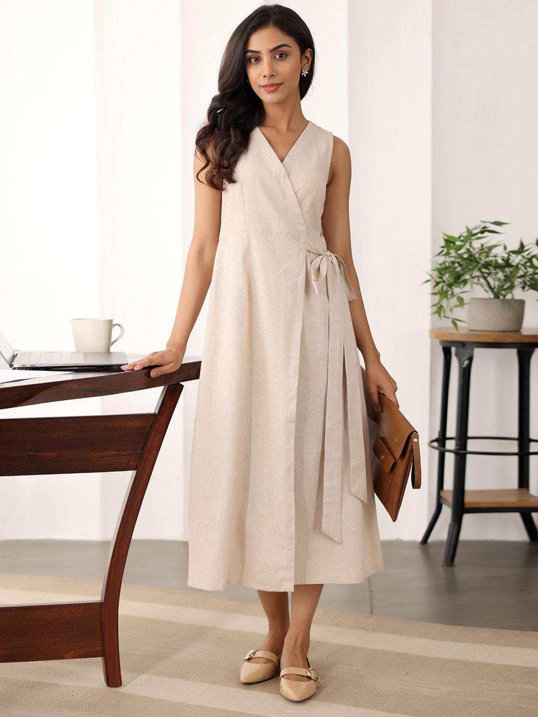 Ambraee Women Off-white Cotton Wrap Dress