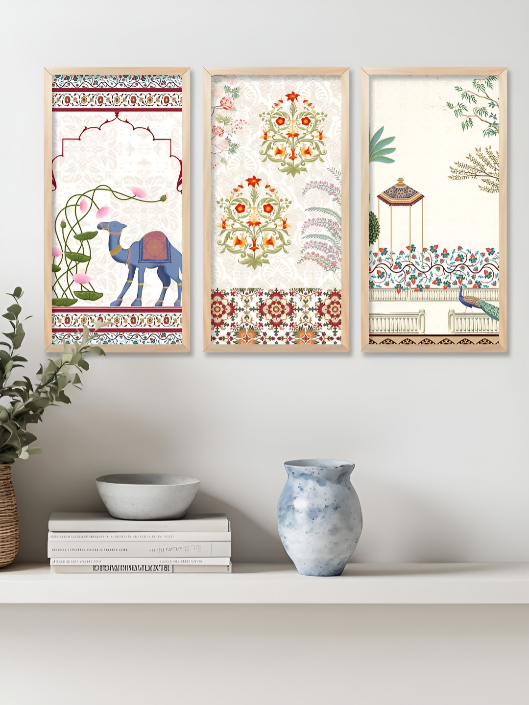 Kotart Brown & White 3 Pieces Floral and Botanical Wooden Wall Paintings