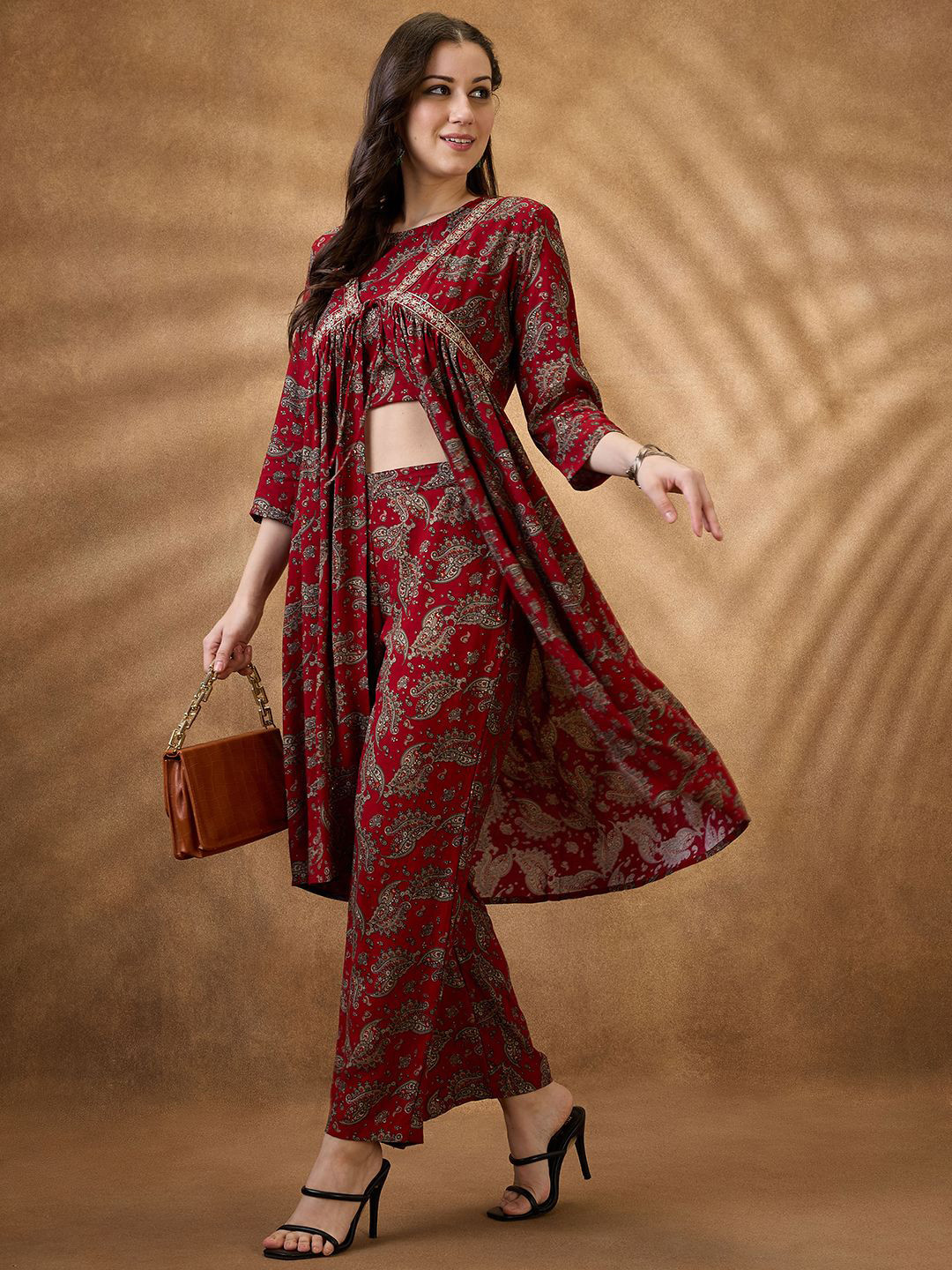 Globus Round Neck Crop Top With Pants & Embroidered Tie-Up Shrug Fusion Co-Ord Set