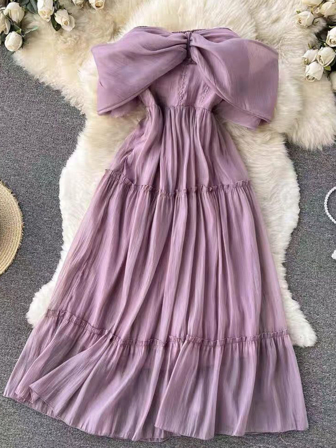 Miss Mosa By Akanksha  Women Off-Shoulder Purple Milan Luxury Tiered Fit and Flare Dress