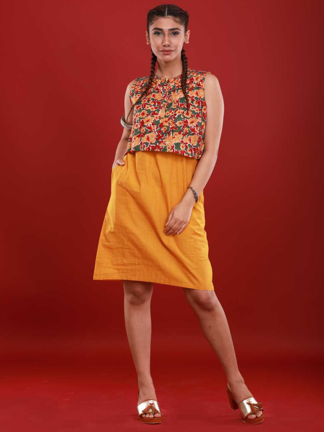 Aapro Women Handloom Dress with Floral Printed top Overlay