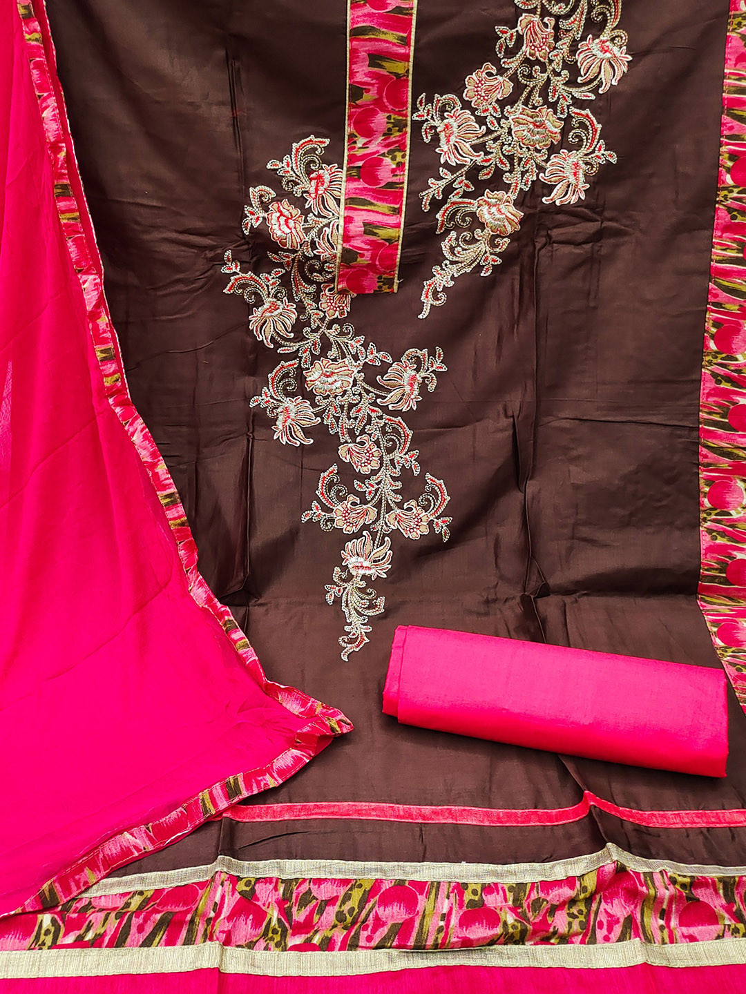 HERE&NOW Floral Embroidered Glaze Cotton Unstitched Dress Material