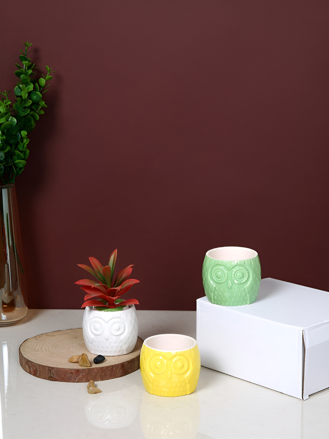 TAYHAA Owl Charm Yellow & Green 3 Pieces Textured Owl Charm Ceramic Flower Planters