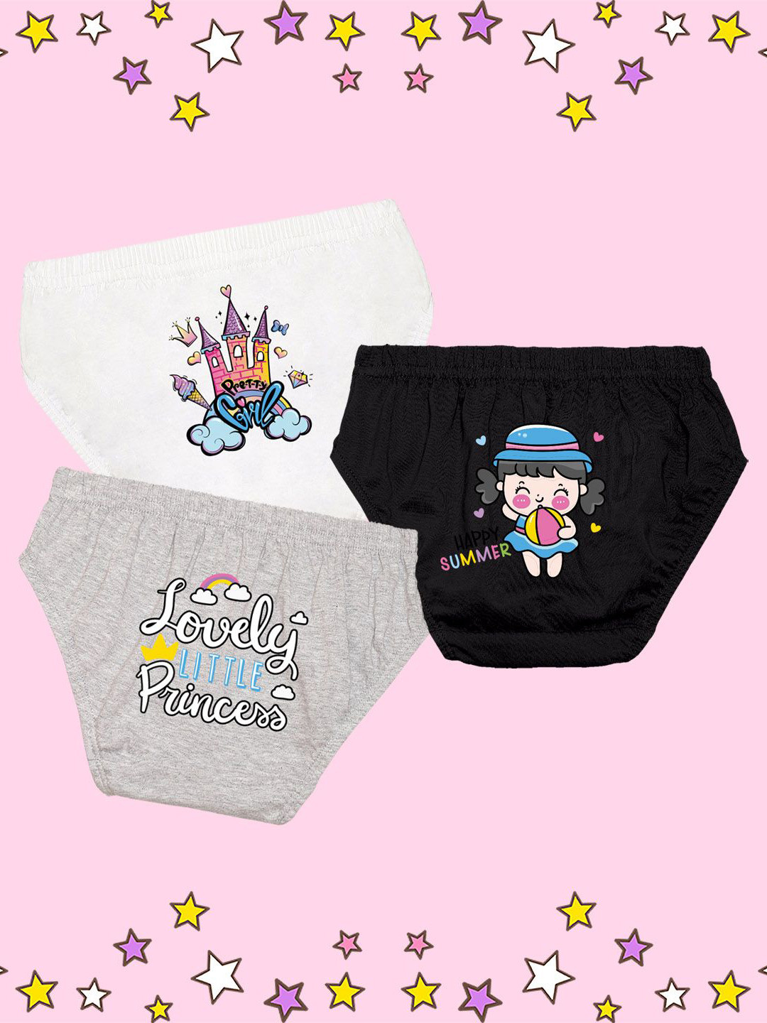 NUSYL Girls Pack Of 3 Princess Castle Printed Pure Cotton Basic BriefsNUGCBRFPO3.0045
