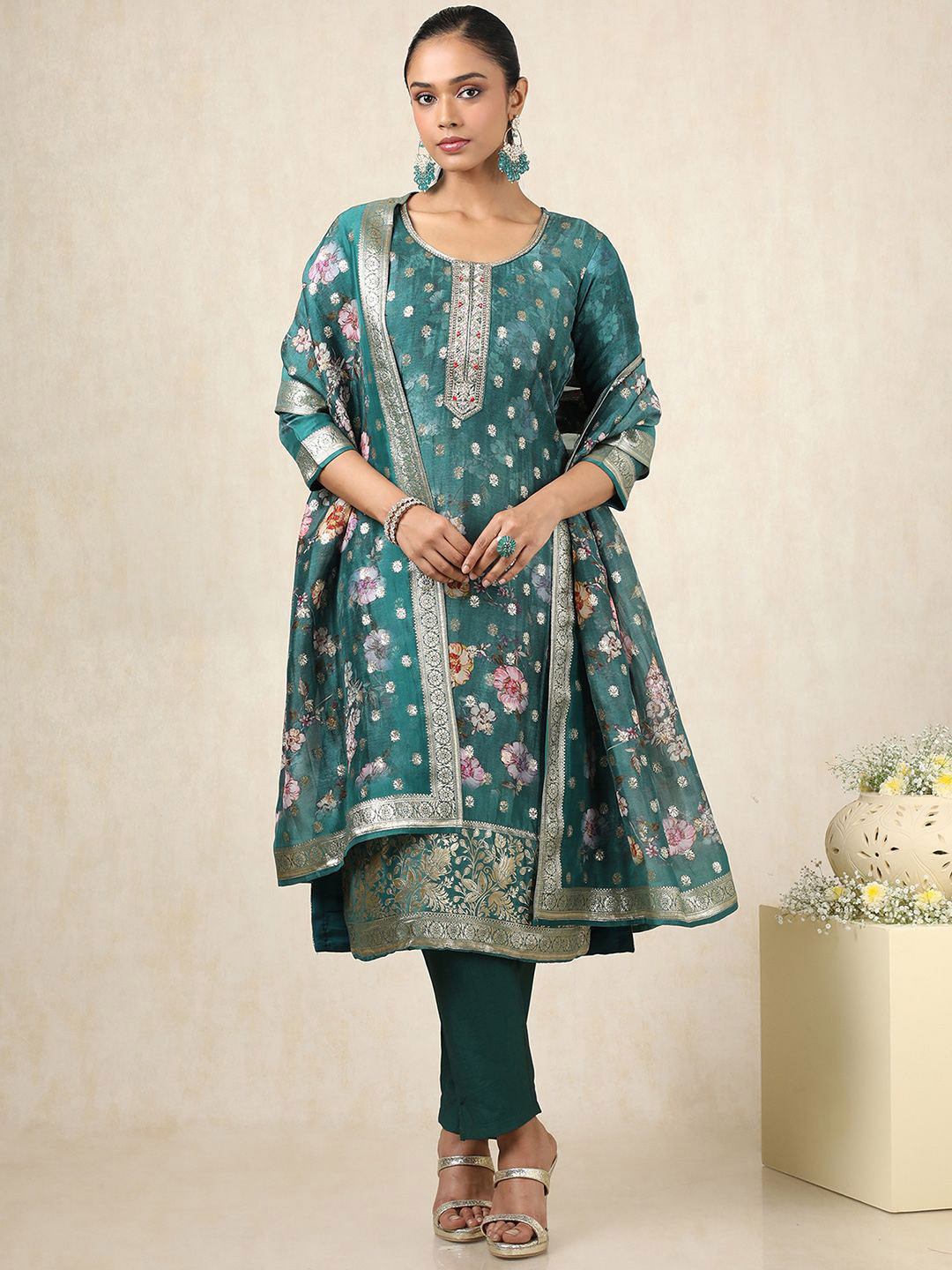 Soch Floral Brocade Woven Design Art Silk Straight Kurta With Trousers & Dupatta
