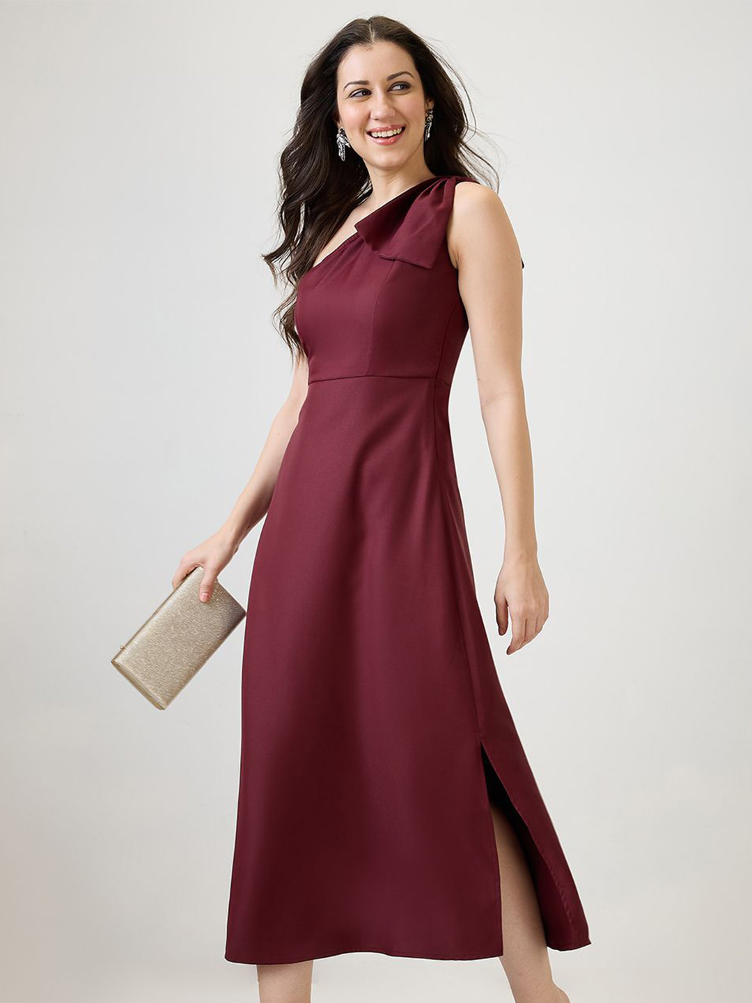 Globus One Shoulder Bow Detail Side Slit A-Line Maxi Party Dress