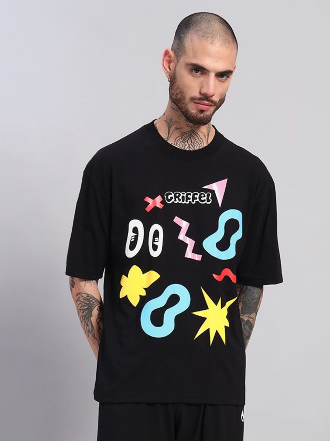 GRIFFEL Men Printed Drop-Shoulder Sleeves Ultralite T-shirt