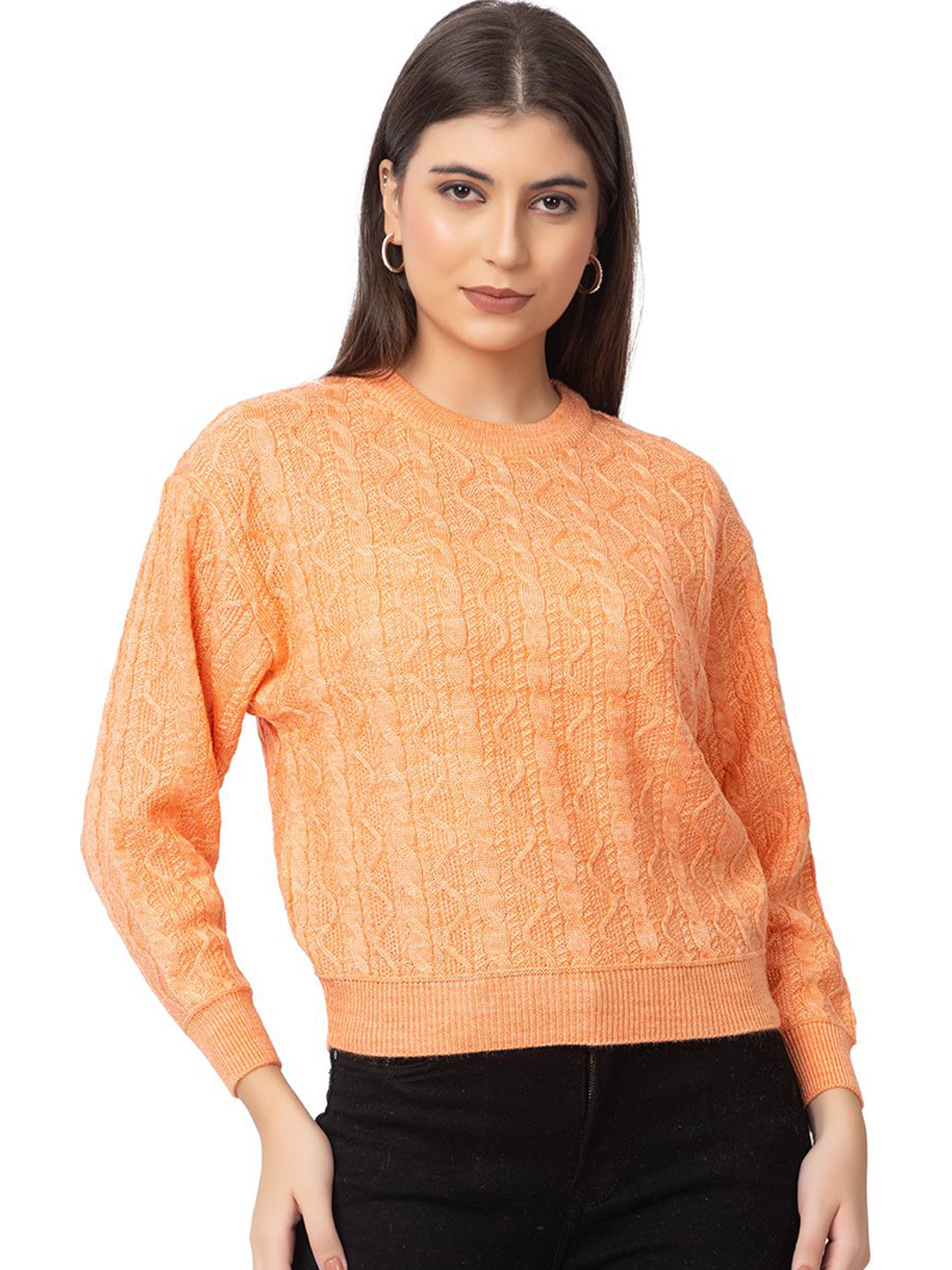 Dadu Dayal Women Self Design Cable Knit Round Neck Woollen Pullover