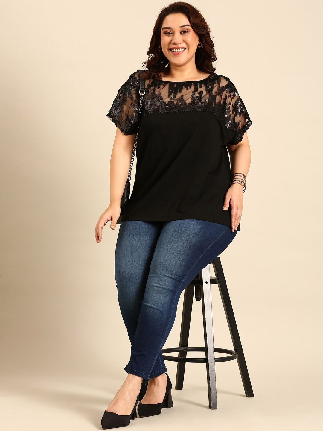 The Pink Moon Party Glam Women Embellished Black Sheer Sequined Top