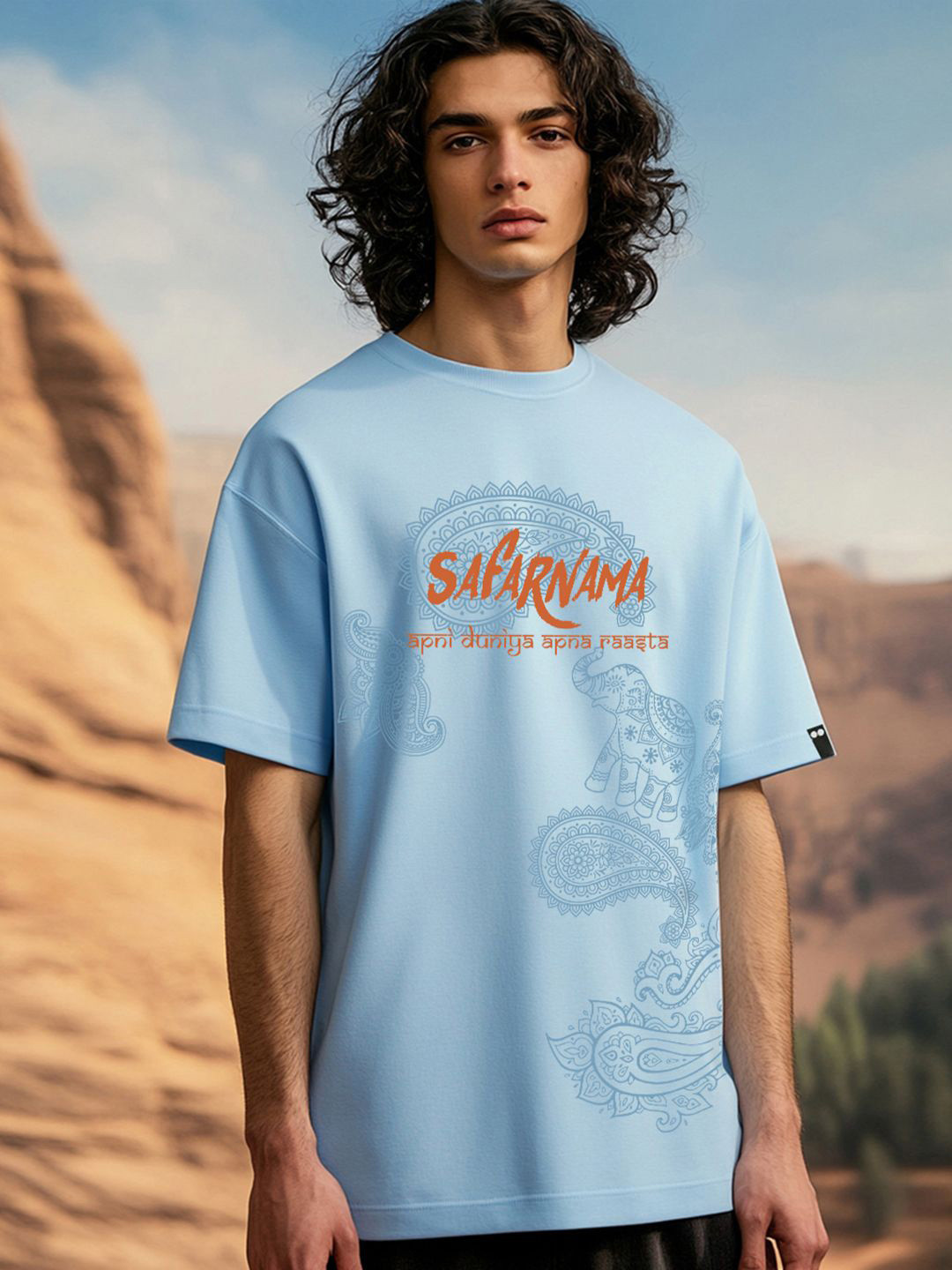 Bewakoof Men's Chambray Blue Safarnama Graphic Printed Oversized T-shirt